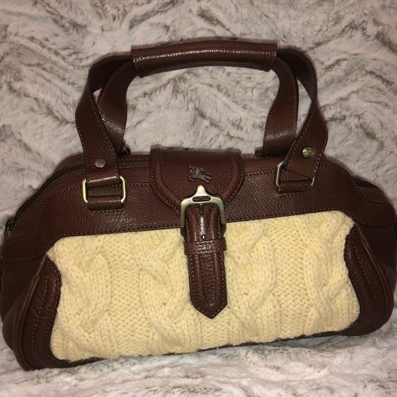 Burberry Cable Knit and Brown Leather Trim Satchel - Picture 1 of 5